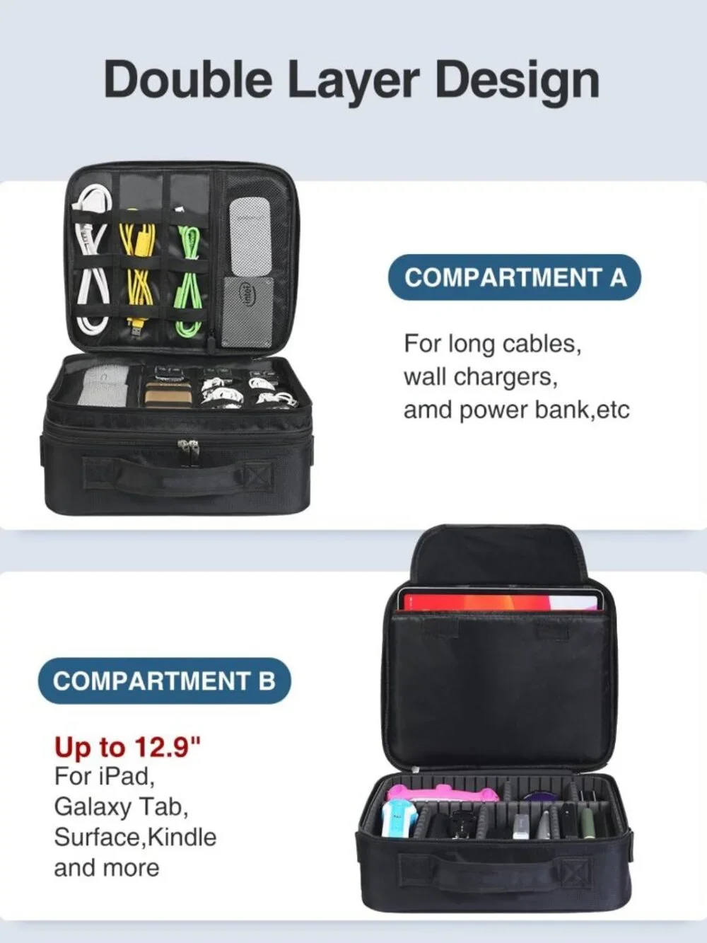 Large Double Layer Electronic Organizer Travel Case - Tech Accessories Bag